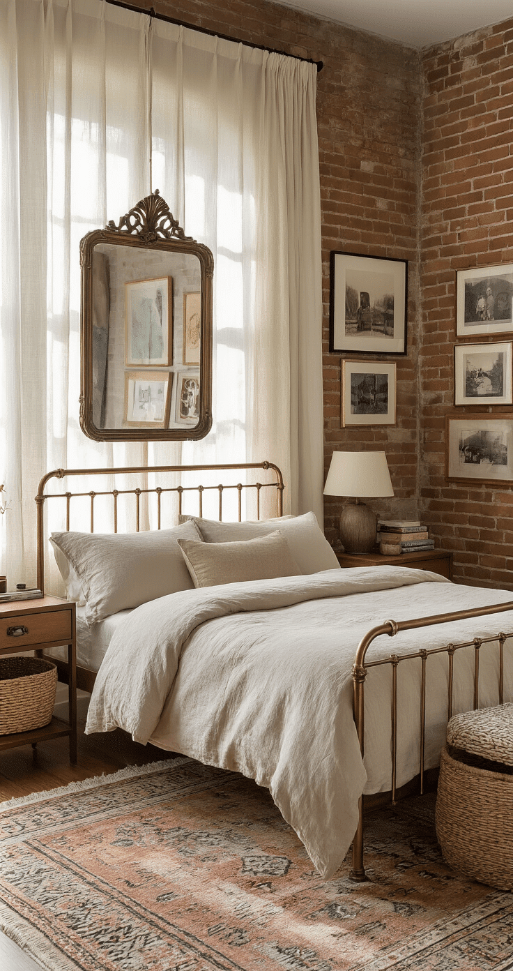Eclectic bedroom featuring a blend of mid-century and contemporary design elements, showcasing an antique brass bed frame, modern organic cotton bedding, a vintage mirror above a contemporary dresser, layered rugs, and a gallery wall with mixed art styles, all bathed in soft morning light.
