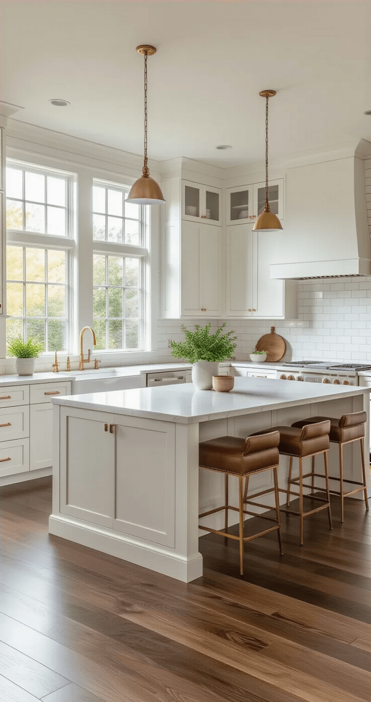 Photorealistic wide-angle view of a spacious U-shaped kitchen with a white quartz island, warm white Shaker cabinets, cognac leather stools, and natural morning light streaming through large windows, highlighting walnut hardwood floors and modern appliances.