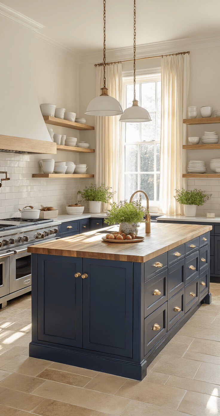 Photorealistic L-shaped kitchen featuring a diagonally placed island with butcher block countertops and navy blue cabinets, illuminated by golden hour sunlight and ambient LED lighting, showcasing open shelving and warm beige stone flooring.