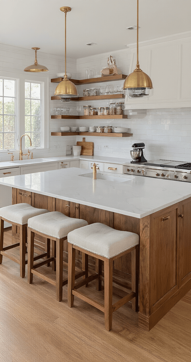 Luxurious kitchen island with walnut cabinetry and white quartz countertops, featuring innovative storage solutions, wine display, and cream upholstered stools, all illuminated by warm natural light.