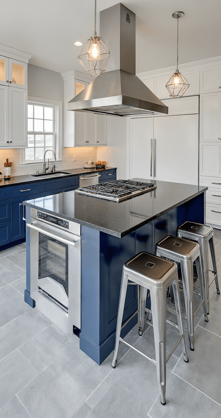 Modern kitchen island with stainless steel cooktop and black granite countertops, featuring two-toned cabinetry, industrial bar stools, and dramatic evening lighting, showcasing a social cooking environment.