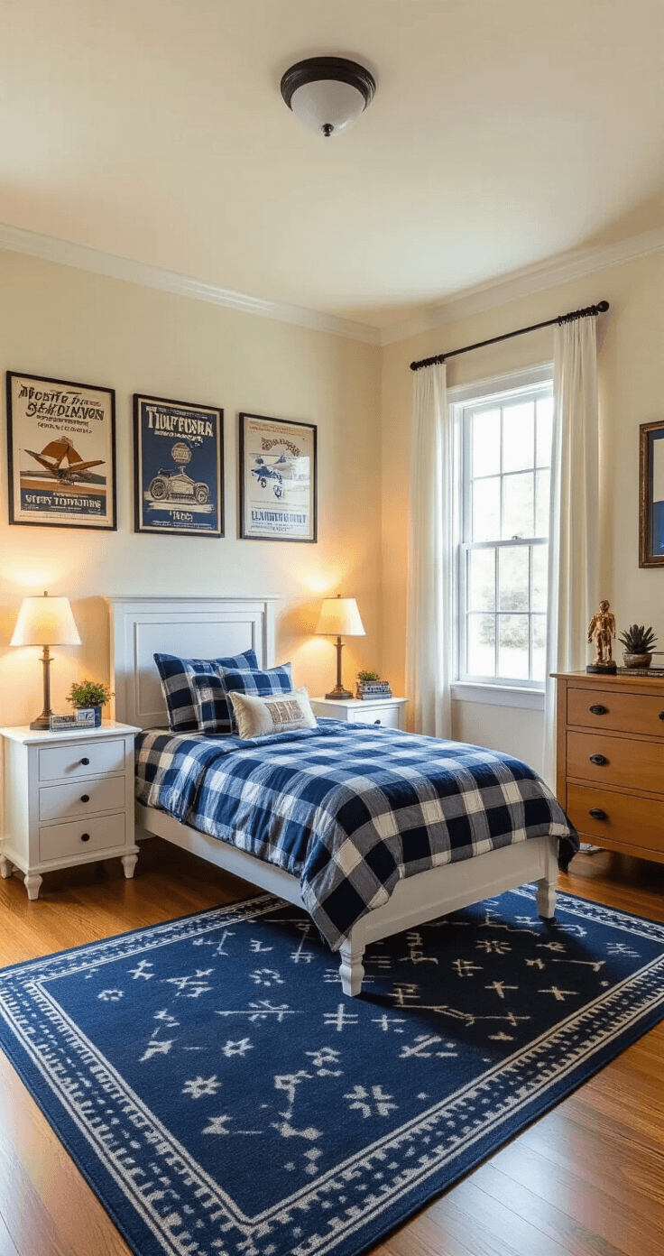 Wide-angle view of a cozy 12x12 boy's bedroom during golden hour, featuring cream walls, hardwood floors, a twin bed with navy blue plaid bedding, and vintage transportation posters above. The room is illuminated by warm amber light from matching nightstand lamps, with natural sunlight filtering through white curtains, highlighting a honey-oak dresser adorned with sports trophies and a succulent. A navy area rug anchors the space, complemented by scattered books and a basketball in the corner.
