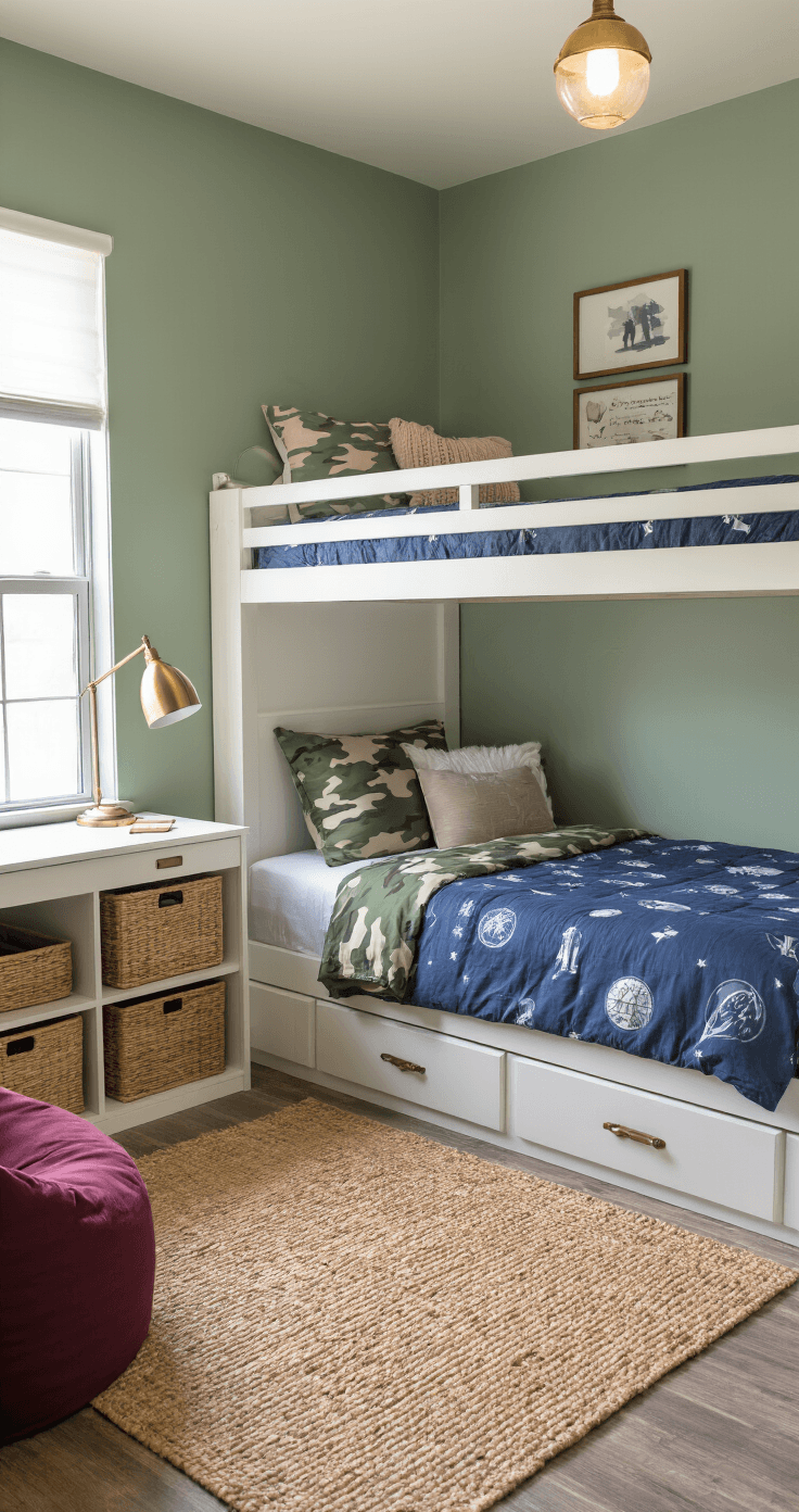 A cozy shared bedroom featuring an L-shaped bunk bed with camouflage and space-themed bedding, sage green accent wall, a tall white bookshelf divider, warm pendant lighting, and distinct activity zones including a homework desk, reading nook with a burgundy bean bag chair, and organized storage with wicker baskets. Textural elements like chunky knit throws, a jute rug, and metal picture frames add character to the natural wood furniture.