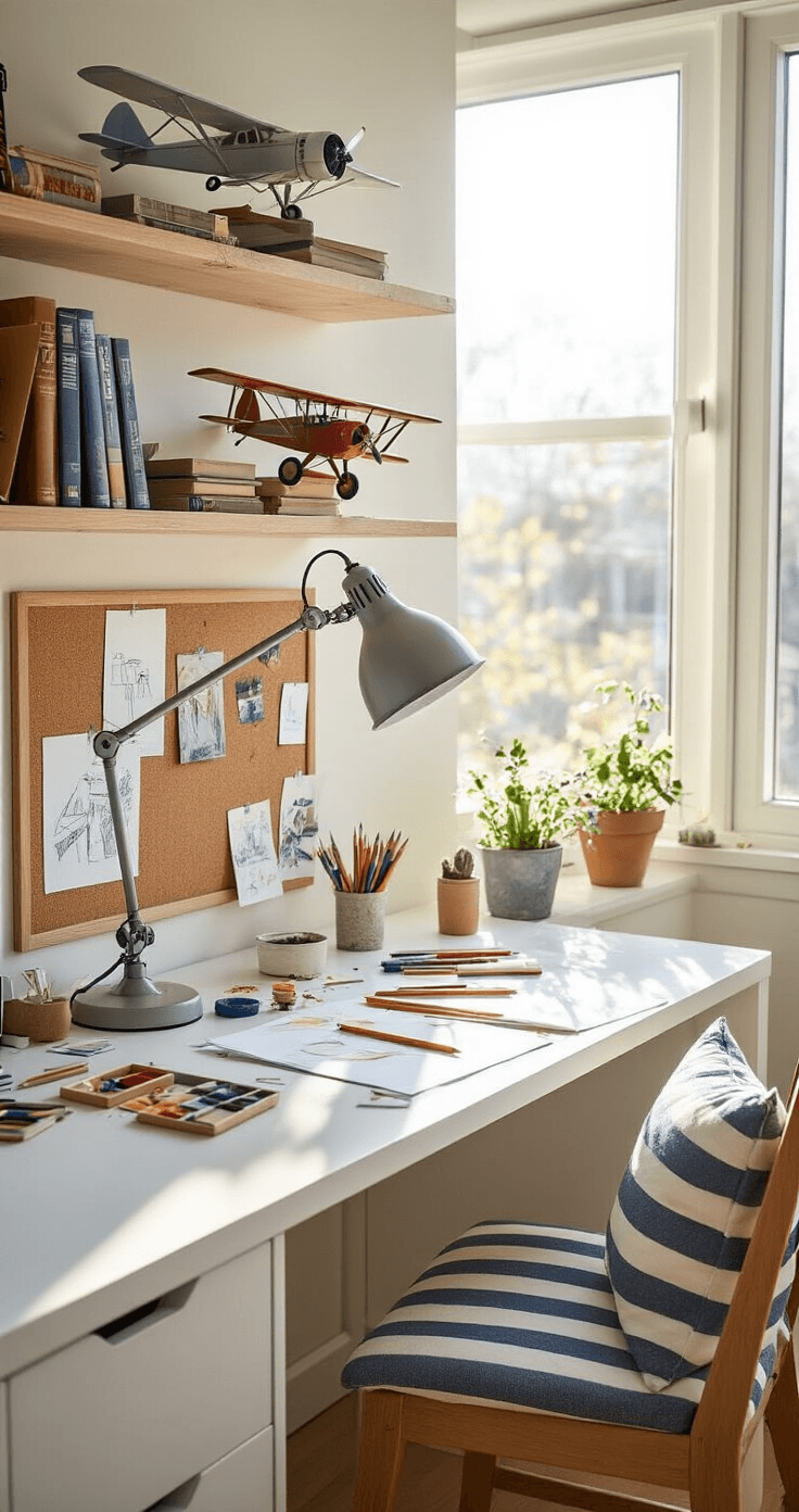 Close-up of a creative activity zone in a boy's bedroom, featuring a white desk with art supplies and an architect lamp, a cork board of achievements, floating shelves with model airplanes and adventure books, a striped cushion on the chair, and natural light casting shadows and highlights.