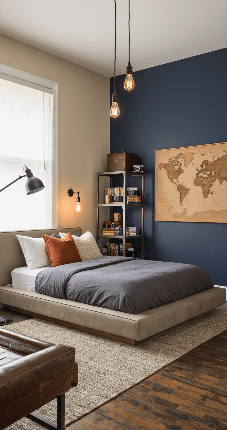 A sophisticated teen bedroom corner with neutral beige walls and a navy accent wall, featuring a low platform bed with charcoal gray bedding, rust and cream throw pillows, Edison bulb string lights, and a sleek floor lamp. Includes a vintage leather chair, industrial metal bookshelf, and a cork world map on the wall, with exposed brick details, dark-stained hardwood floors, and curated accessories like vintage cameras and adventure novels, all illuminated in a warm, moody atmosphere.