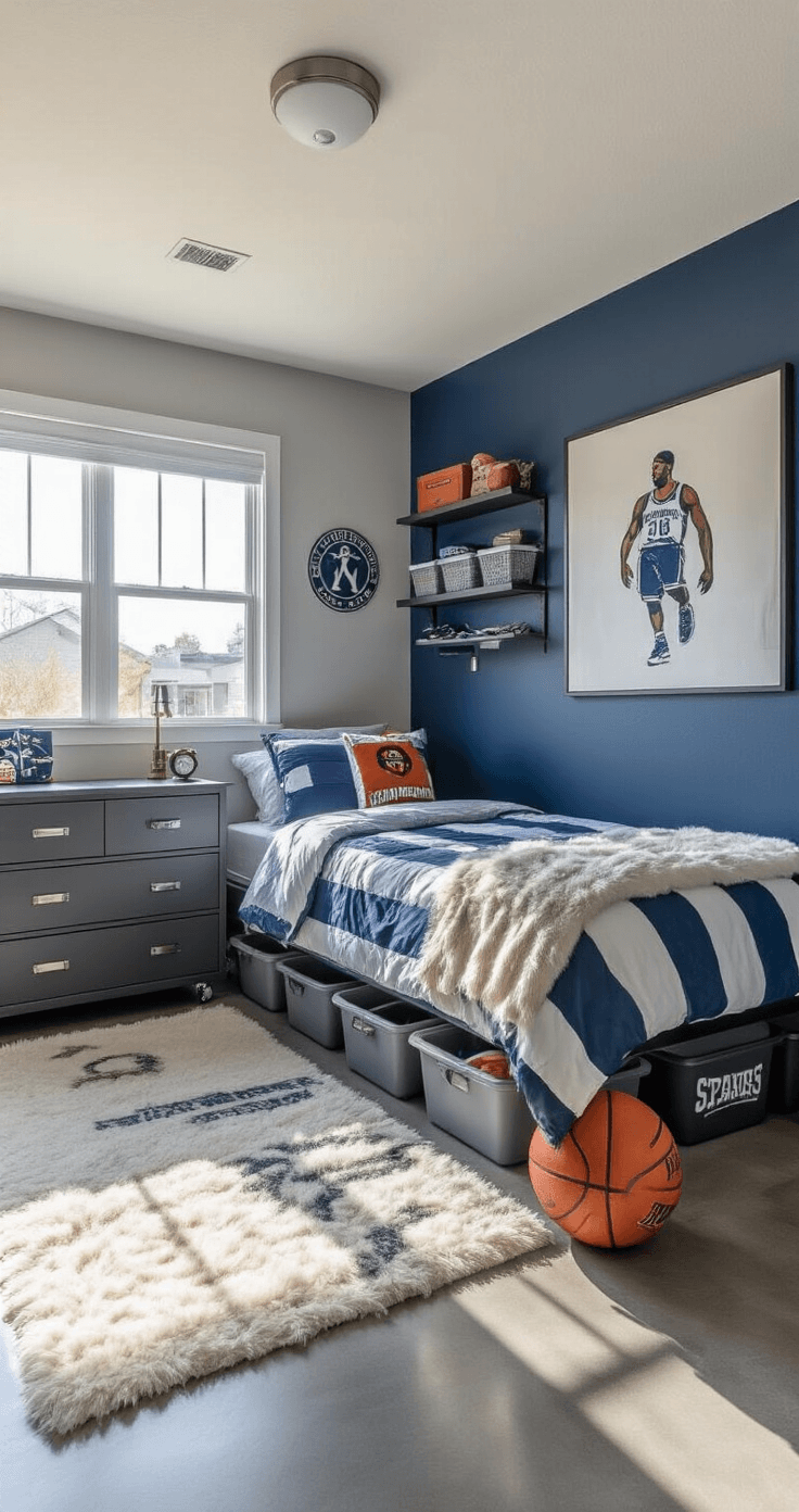 Wide shot of a sports-themed bedroom featuring soft gray walls, a deep blue accent wall, and athletic-themed bedding on a twin bed. Under-bed rolling storage containers, a tall corner dresser with labeled storage bins, and various textures like a faux fur throw and canvas wall art are visible. Warm natural light illuminates the polished concrete floors, showcasing the room's design and functional zones.
