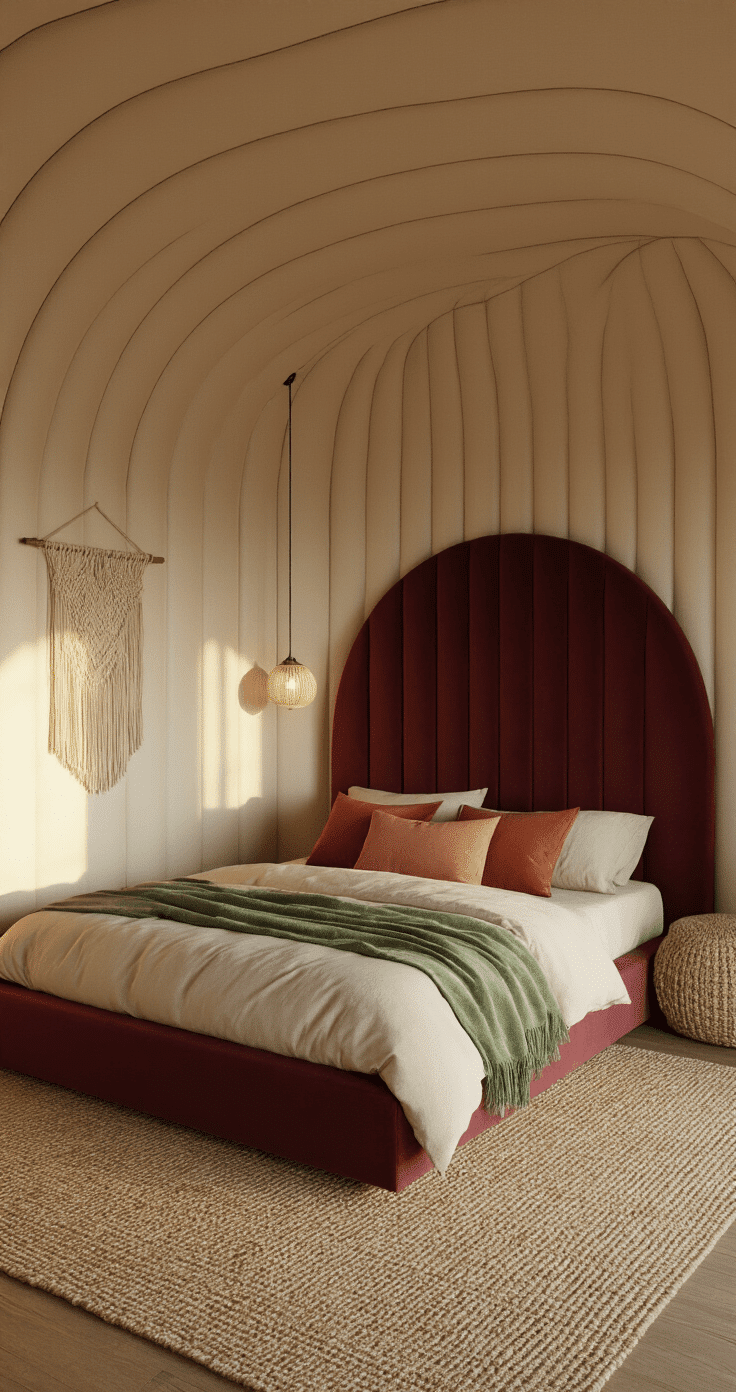 Photorealistic interior of a cozy cocoon-style bedroom featuring champagne-colored upholstered wall panels, a deep burgundy velvet headboard, mid-century modern platform bed with cream linens and layered throws, complemented by a layered rug setup, macramé wall hanging, and warm pendant lighting, all captured from a low angle emphasizing the intimate atmosphere.