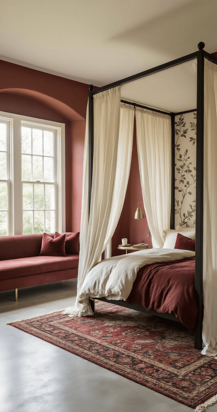 Photorealistic view of a spacious bedroom featuring a modern black metal four-poster canopy bed draped with ivory linen curtains on polished concrete floors, terracotta walls, and sunlight from large west-facing windows. A cognac leather loveseat by the bay window complements a brass side table with a ceramic cup, while layered textiles and a botanical wallpaper add a cozy, sophisticated ambiance.