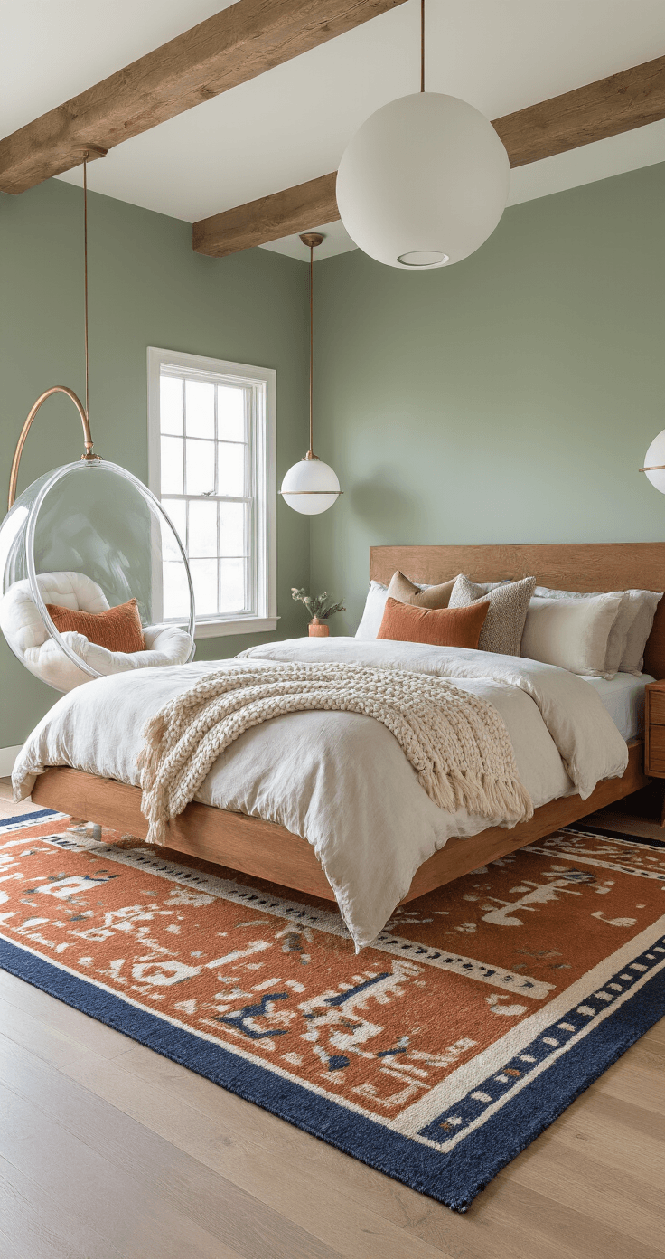 Photorealistic small bedroom featuring a centrally positioned platform bed on a bold geometric rust and navy rug, sage green matte walls, white exposed beam ceiling, and oversized brushed brass pendant lights. A cream bouclé bubble chair beside a corner window with a brass arc floor lamp, layered natural-toned linens on the bed, walnut floating nightstands, and afternoon light casting dramatic shadows, creating a luxurious atmosphere.