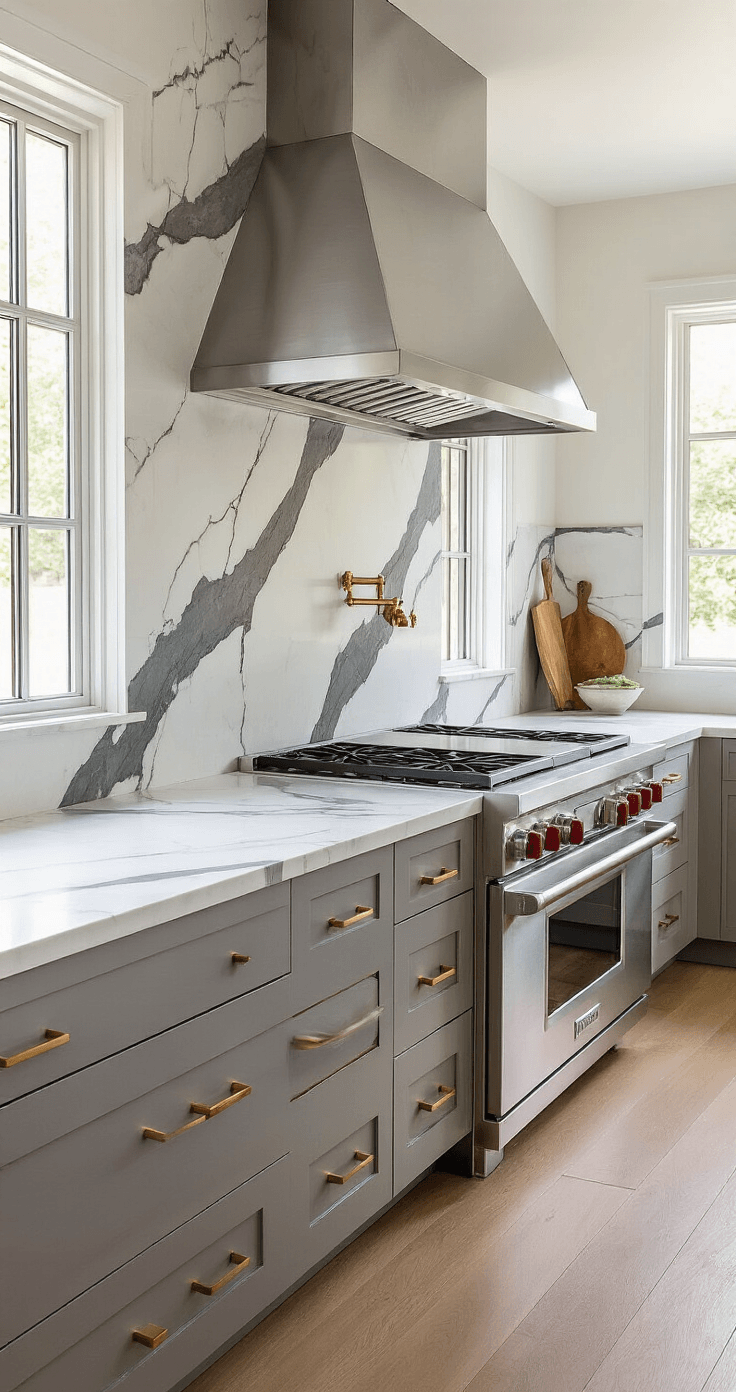 Contemporary galley kitchen with a floor-to-ceiling quartzite backsplash, showcasing white and gray veining, warm morning light, dove gray shaker cabinets, and brushed brass hardware.