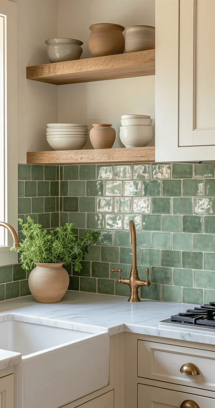 An intimate kitchen corner with sage green handmade zellige tiles as a textured backsplash behind an antique brass faucet and farmhouse sink, illuminated by golden hour light, showcasing organic imperfections and subtle color variations, complemented by white oak shelves, honed Carrara marble countertops, and white oak cabinets with black iron hardware.
