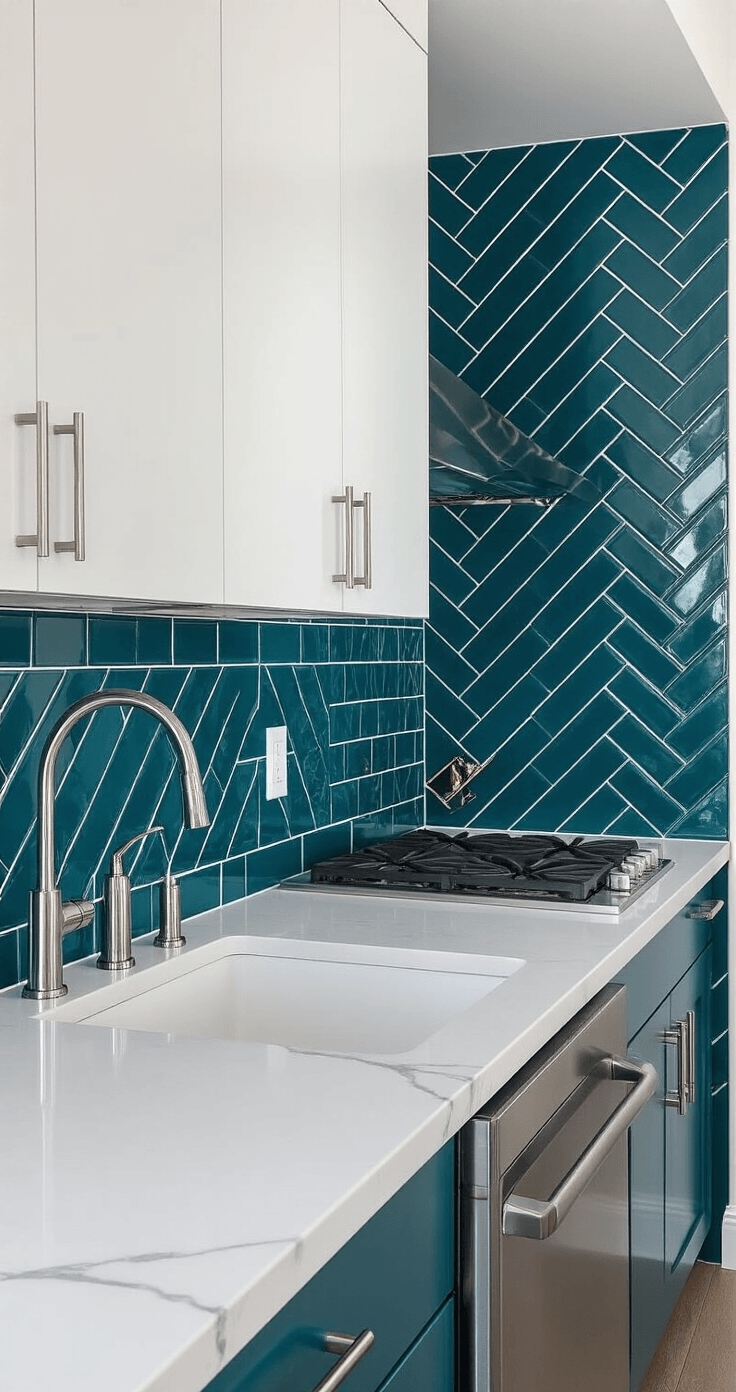 Bold modern kitchen with deep teal ceramic subway tiles in a herringbone pattern, glossy peacock blue backsplash, white quartz countertops, warm white flat-panel cabinets, and stainless steel appliances, illuminated by natural light and pendant fixtures.