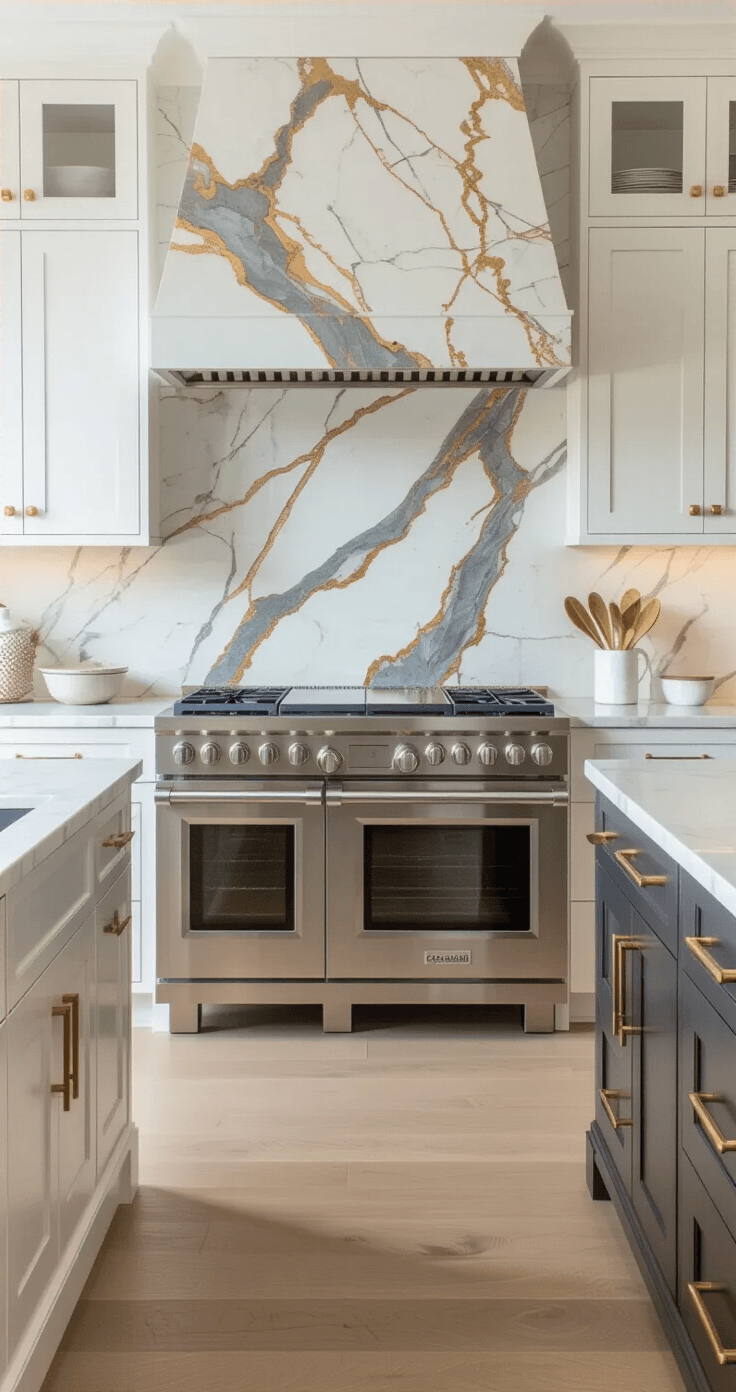 Sophisticated kitchen featuring book-matched Calacatta marble slabs with gold and gray veining, a 48-inch professional range, and clean white cabinetry, captured in soft morning light from a low angle.
