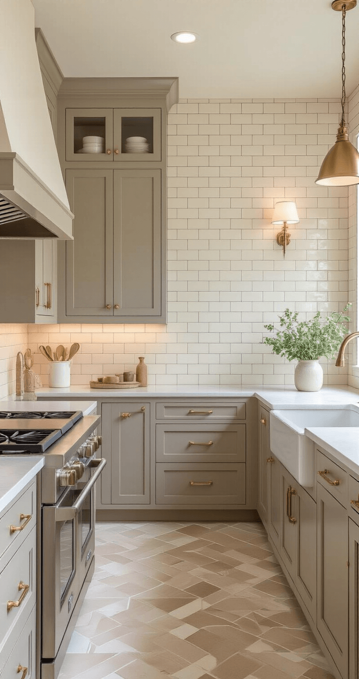 Transitional kitchen featuring mixed cream subway tile patterns, including vertical stack and herringbone sections, with Shaker cabinets in mushroom gray, white quartz countertops, vintage brass hardware, and a farmhouse sink, all illuminated by afternoon light.