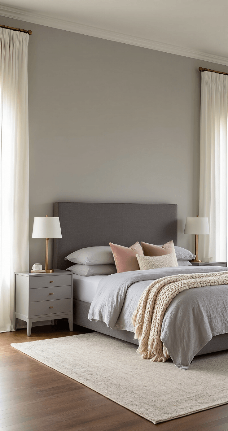 A sophisticated grey bedroom with dove grey walls, featuring a king-size upholstered headboard, layered bedding in shades of grey and blush, brass table lamps, hardwood floors, and a cream area rug, captured during golden hour with warm natural light.