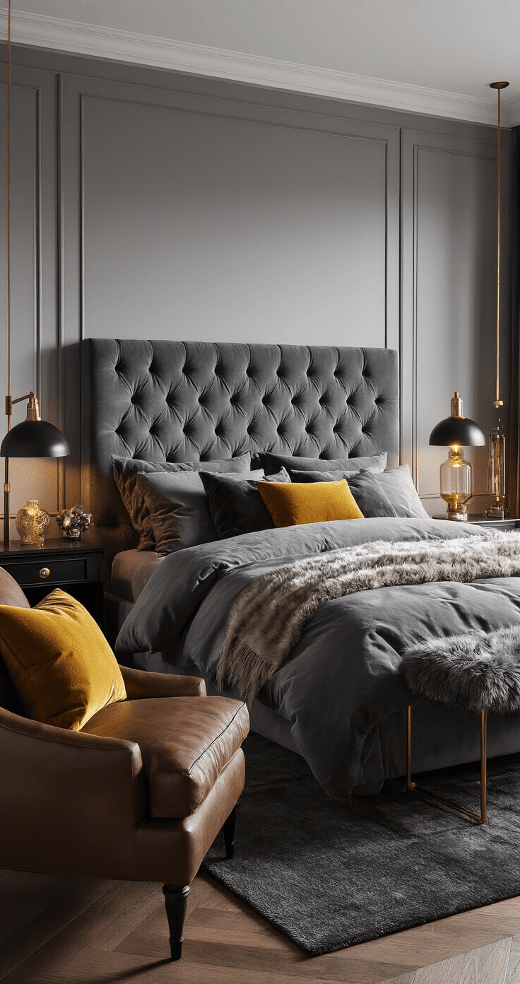 A cinematic wide-angle view of a dramatic grey bedroom featuring a tufted grey velvet headboard, layered bedding in various grey tones, and warm ambient lighting from brass and mercury glass lamps, creating a cozy atmosphere with a plush rug and contrasting colors.