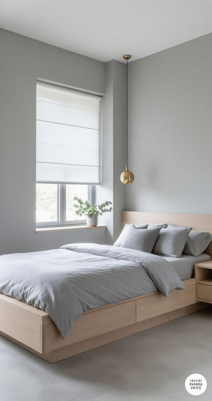 Minimalist grey bedroom featuring pale grey walls, floor-to-ceiling windows with white blinds, a platform bed with integrated nightstands in grey oak, monochromatic bedding in varying shades of grey, brass pendant lights, polished concrete floors, and a potted eucalyptus plant, captured in bright midday light.