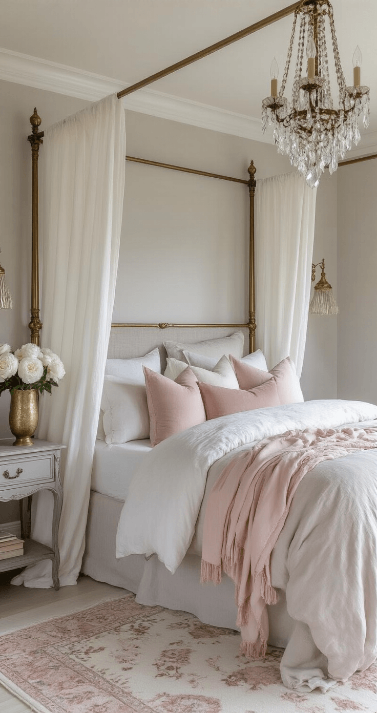Romantic grey and blush bedroom featuring an antique brass four-poster bed with flowing white curtains, layered bedding, vintage chandelier, and fresh peonies on an antique nightstand, captured in soft morning light.