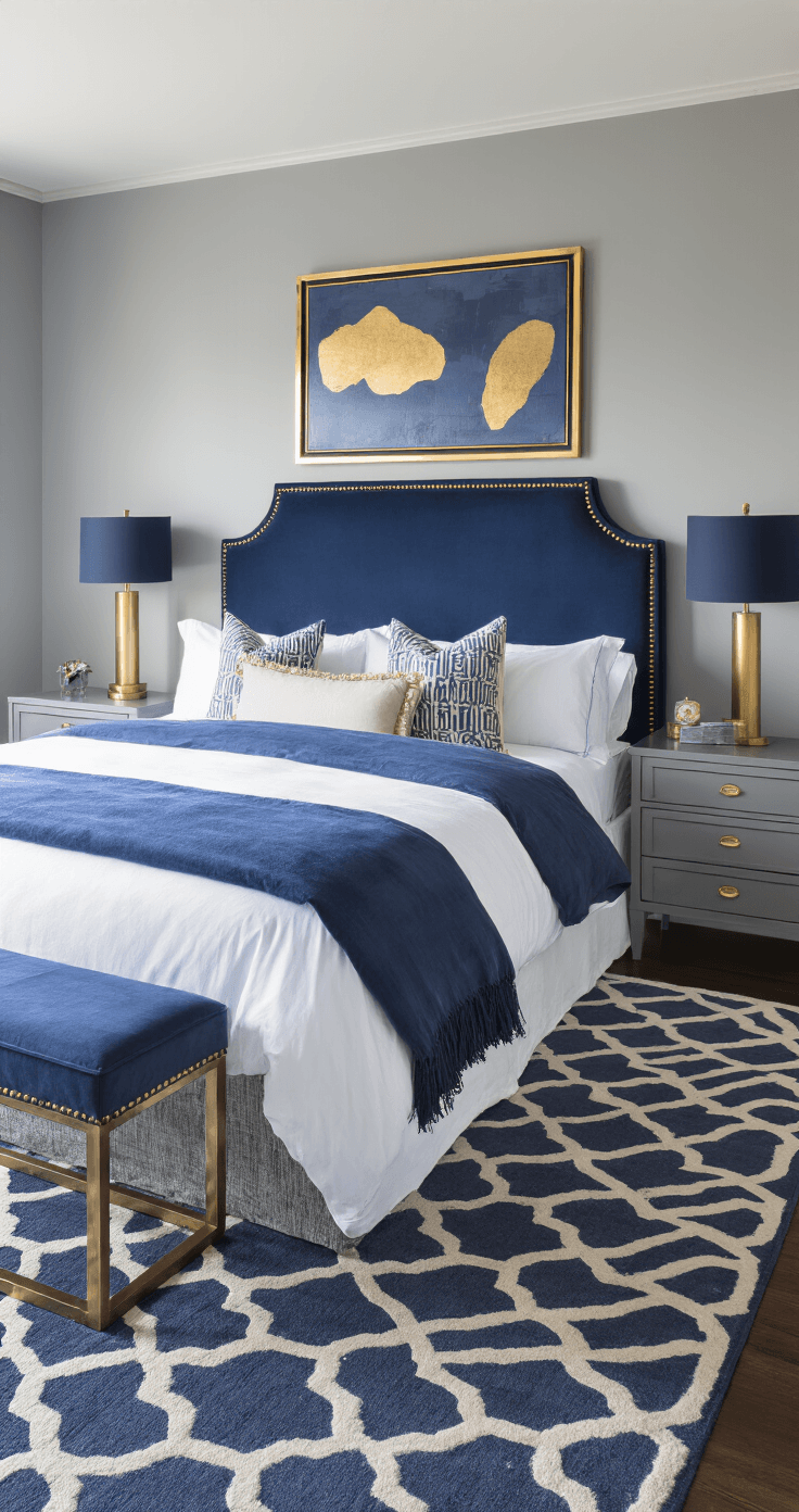 A sophisticated grey bedroom featuring a navy velvet headboard with brass accents, crisp white bedding, and strategic blue hour lighting, showcasing geometric patterns and rich textures against a dark hardwood floor.