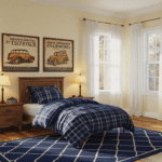 Wide-angle shot of a boy's bedroom with cream walls, navy plaid bedding, and warm honey-oak floors, featuring vintage transportation posters, warm lighting from lamps, and natural sunlight filtering through linen curtains, creating a cozy atmosphere.