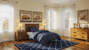 Wide-angle shot of a boy's bedroom with cream walls, navy plaid bedding, and warm honey-oak floors, featuring vintage transportation posters, warm lighting from lamps, and natural sunlight filtering through linen curtains, creating a cozy atmosphere.