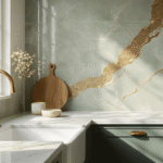 Cinematic kitchen showcasing a seamless quartz backsplash with dramatic gray and gold veining, brushed brass faucet, dove gray shaker cabinets, sage green handmade zellige tiles, deep teal herringbone ceramic, white farmhouse sink, and vintage brass hardware, all illuminated by warm golden hour light.