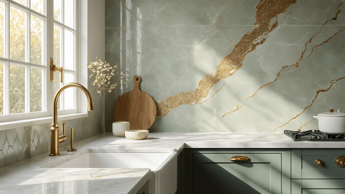 Cinematic kitchen showcasing a seamless quartz backsplash with dramatic gray and gold veining, brushed brass faucet, dove gray shaker cabinets, sage green handmade zellige tiles, deep teal herringbone ceramic, white farmhouse sink, and vintage brass hardware, all illuminated by warm golden hour light.