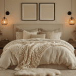 Cozy bedroom sanctuary at golden hour, featuring layered textiles, warm lighting, and neutral palette, with cream linen bedding, chunky knit throws, faux fur pillows, and vintage quilts, softly illuminated by pendant lights and string lights.