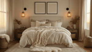 Cozy bedroom sanctuary at golden hour, featuring layered textiles, warm lighting, and neutral palette, with cream linen bedding, chunky knit throws, faux fur pillows, and vintage quilts, softly illuminated by pendant lights and string lights.