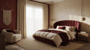 A luxurious cocoon-style bedroom with burgundy velvet upholstered walls, cream linen bedding, mohair throws, and silk pillows, bathed in golden hour light, featuring a terracotta accent wall, modern curved bed frame, layered rugs, and warm brass pendant lighting.