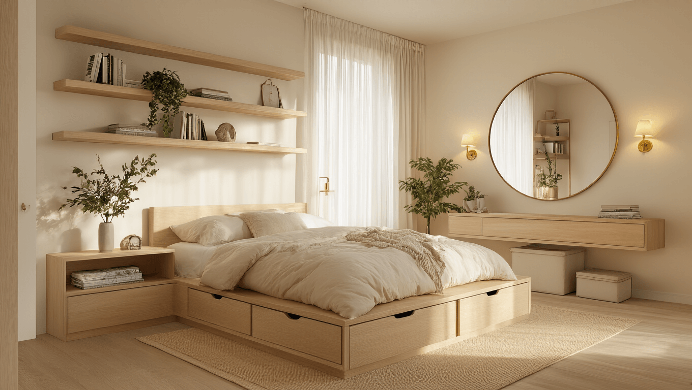 Cinematic small bedroom featuring a low-profile light oak platform bed with built-in storage, wall-mounted floating nightstands, and floor-to-ceiling shelves, bathed in warm lighting and natural sunlight, creating an inviting and spacious atmosphere.