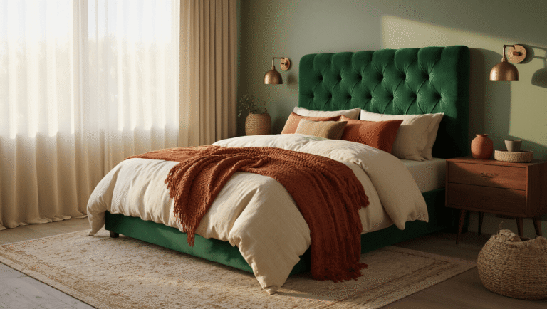 Cinematic bedroom interior with an emerald green velvet headboard, layered cream bedding, terracotta throws, and warm golden sunlight streaming through sheer curtains, creating a serene and luxurious sanctuary.