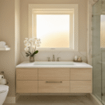 Cinematic guest bathroom featuring a floating white oak vanity, polished marble-look tiles, and spa elements, illuminated by warm golden hour lighting.