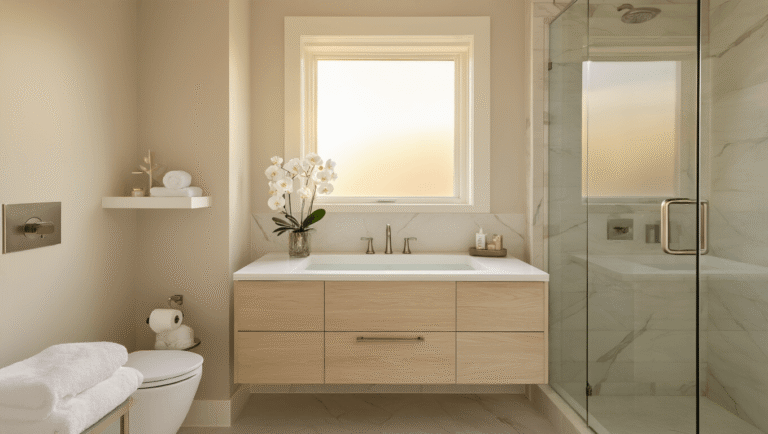 Cinematic guest bathroom featuring a floating white oak vanity, polished marble-look tiles, and spa elements, illuminated by warm golden hour lighting.