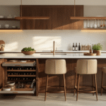 Cinematic wide-angle shot of a luxurious walnut kitchen island with white quartz countertops, featuring innovative storage solutions, leather bar stools, and warm golden hour lighting.