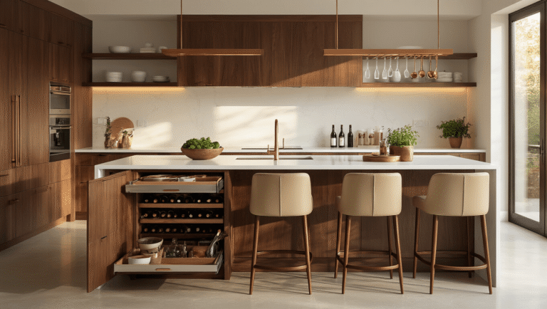 Cinematic wide-angle shot of a luxurious walnut kitchen island with white quartz countertops, featuring innovative storage solutions, leather bar stools, and warm golden hour lighting.