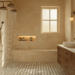 Cinematic bathroom sanctuary at golden hour featuring a luxurious walk-in shower with dual brushed brass showerheads, warm cream porcelain walls, natural stone built-in niche, and hexagonal black-white floor pattern, complemented by floating walnut vanities and vintage brass fixtures in a spa-like atmosphere.