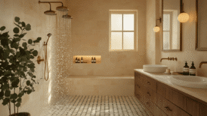 Cinematic bathroom sanctuary at golden hour featuring a luxurious walk-in shower with dual brushed brass showerheads, warm cream porcelain walls, natural stone built-in niche, and hexagonal black-white floor pattern, complemented by floating walnut vanities and vintage brass fixtures in a spa-like atmosphere.