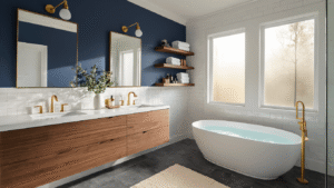 Luxurious modern bathroom with deep navy accent wall, walnut vanity, white quartz countertop, freestanding tub, brass fixtures, and soft morning light illuminating charcoal gray floors.