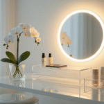 Cinematic close-up of a modern minimalist bedroom vanity with transparent acrylic furniture, round LED mirror, geometric organizers filled with luxurious skincare products, and a single white orchid in a crystal vase; warm sunlight filtering through sheer curtains creates an ethereal glow and highlights dewdrops on the orchid petals, enhancing the inviting spa-like atmosphere.
