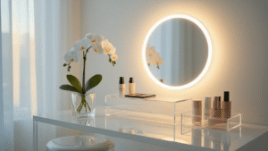 Cinematic close-up of a modern minimalist bedroom vanity with transparent acrylic furniture, round LED mirror, geometric organizers filled with luxurious skincare products, and a single white orchid in a crystal vase; warm sunlight filtering through sheer curtains creates an ethereal glow and highlights dewdrops on the orchid petals, enhancing the inviting spa-like atmosphere.