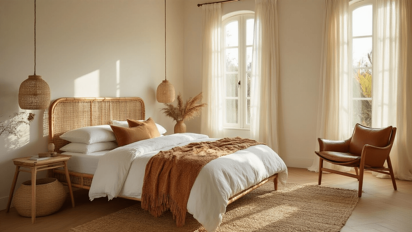 A sophisticated boho guest bedroom featuring a light rattan bed frame with white linen bedding, terracotta throw blanket, earthy geometric pillows, and honey hardwood floors, illuminated by golden hour sunlight through sheer curtains, creating a warm and inviting atmosphere.