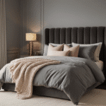 Cinematic wide-angle view of a sophisticated grey bedroom featuring dove grey walls, a charcoal velvet headboard, layered grey bedding with blush pink accents, brass table lamps, chunky knit throws, and polished hardwood floors, all illuminated by warm natural light.