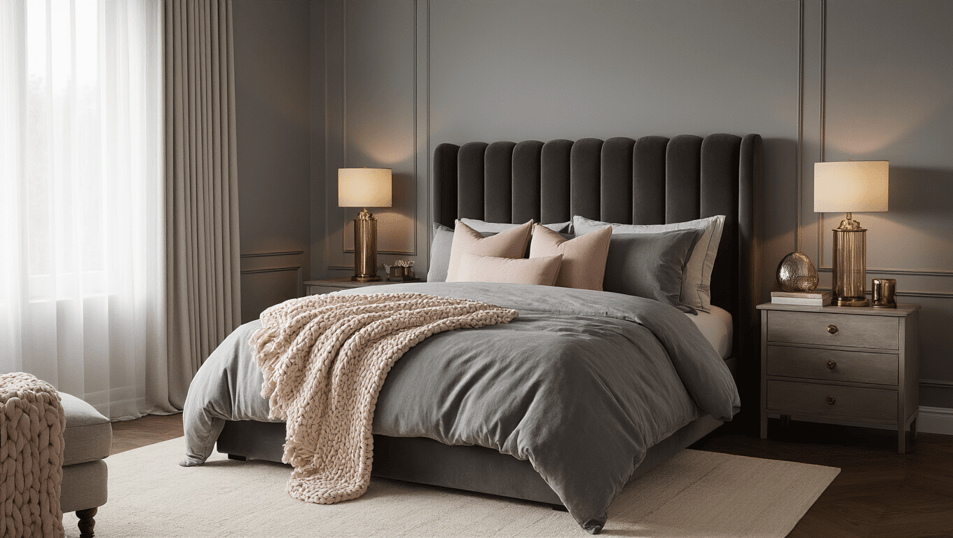 Cinematic wide-angle view of a sophisticated grey bedroom featuring dove grey walls, a charcoal velvet headboard, layered grey bedding with blush pink accents, brass table lamps, chunky knit throws, and polished hardwood floors, all illuminated by warm natural light.
