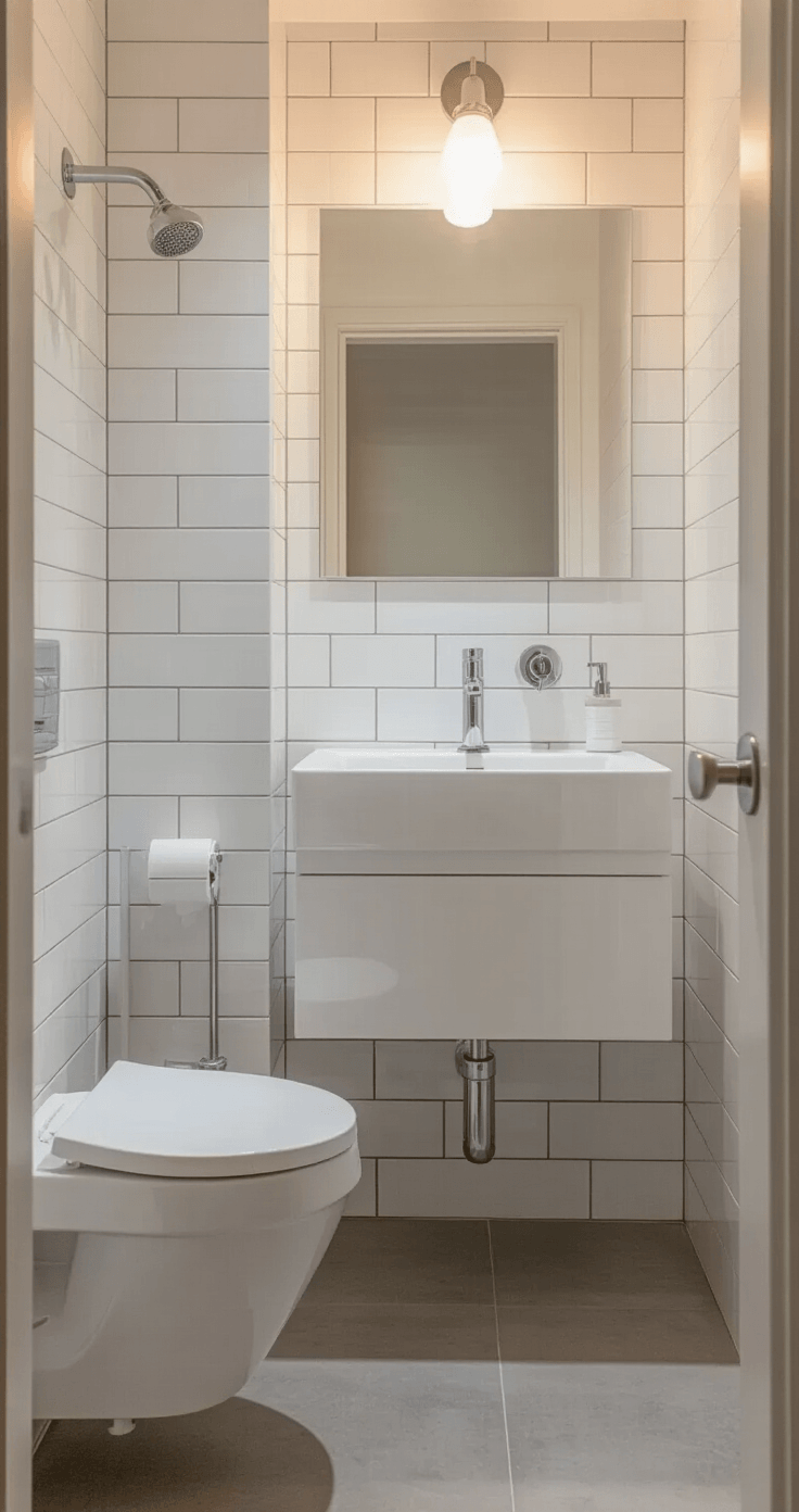 Interior of a tiny studio apartment bathroom showcasing a white wall-mounted floating vanity with an integrated sink, pristine subway tile walls, and a wall-mounted toilet, all illuminated by warm golden hour light through a frosted glass window, creating a bright and airy atmosphere.