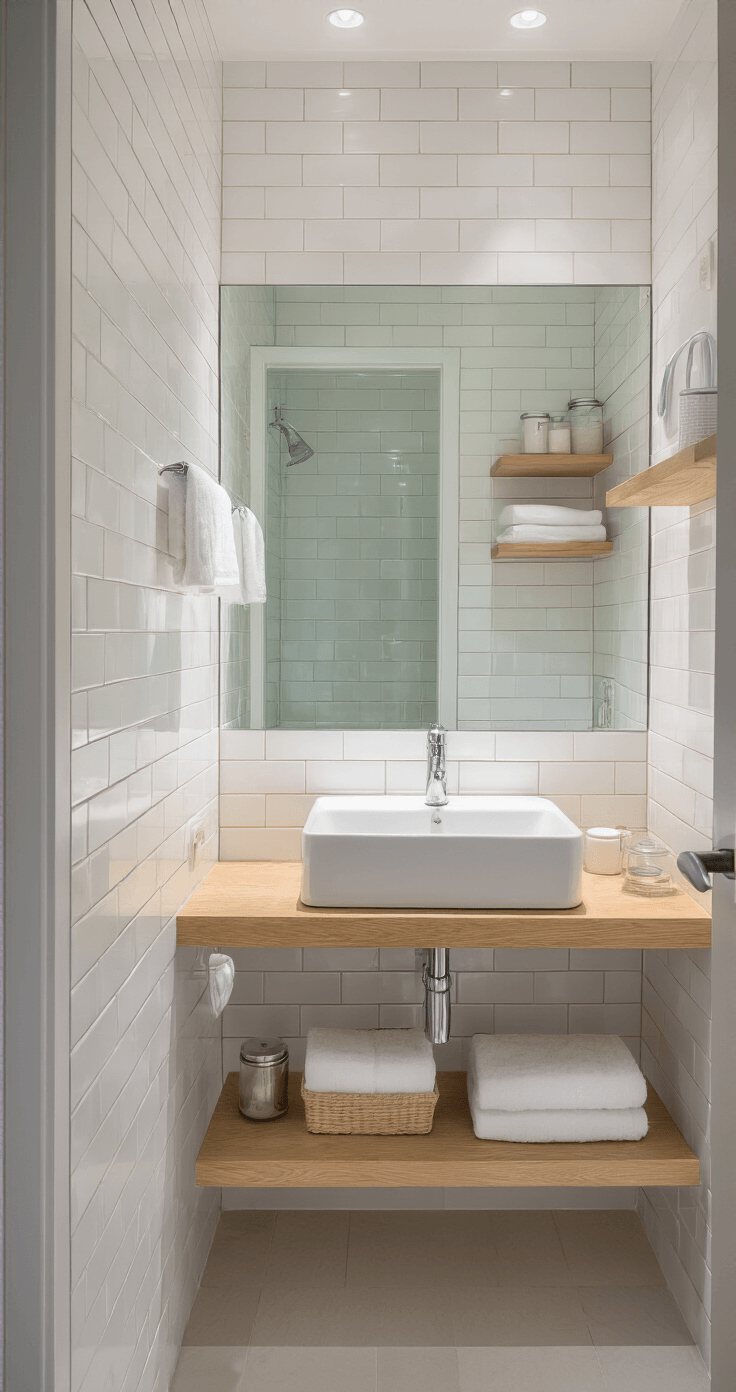 Dramatic before-and-after bathroom photo featuring a floor-to-ceiling frameless mirror, capturing infinite reflections in a compact space, illuminated by afternoon light; includes a wall-mounted pedestal sink with chrome fixtures, floating shelves with towels, and a balanced exposure highlighting the contrast between white tiles and warm wood accents.