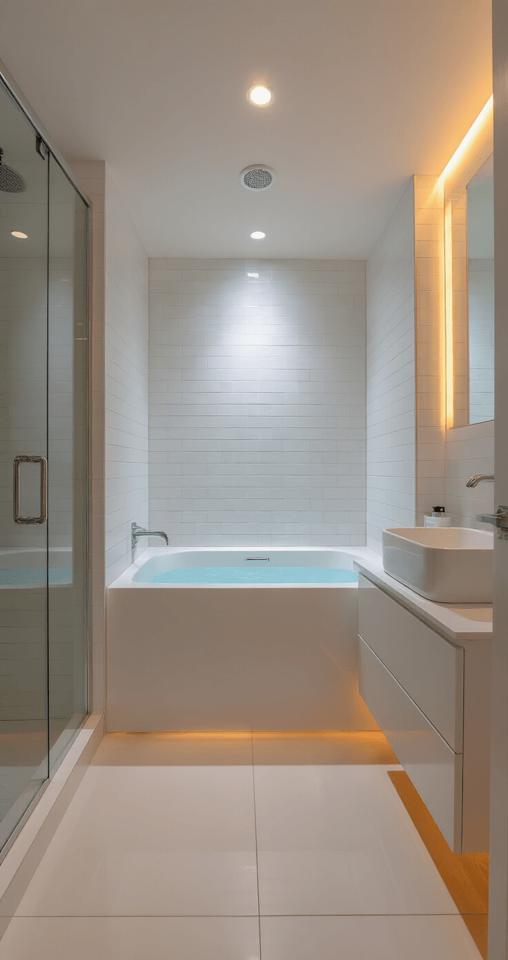 Intimate bathroom interior featuring a compact Japanese soaking tub in a corner alcove, illuminated by warm recessed LED lights, with polished porcelain floor tiles and a floating white oak vanity, creating a luxurious spa-like atmosphere.