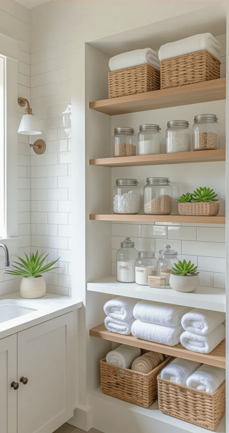Close-up of a modern bathroom showcasing recessed medicine cabinet in white tiled wall, complemented by staggered white oak shelves displaying apothecary jars, towels, and succulents, with a matching over-toilet shelving unit and organized baskets, all under bright daylight and professional lighting for clear detail.