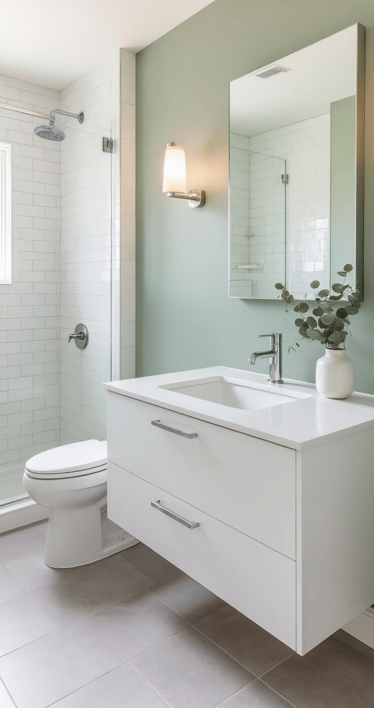 Sophisticated bathroom interior featuring a light sage accent wall behind a floating vanity, with white subway tile shower, light gray floor tiles, wall-mounted toilet, chrome fixtures, and a small white vessel with dried eucalyptus, all captured in soft morning light.
