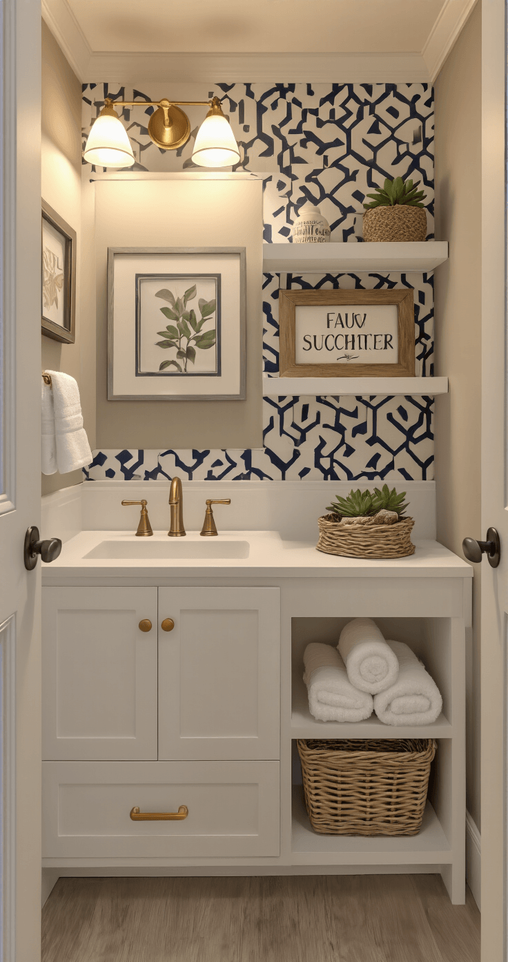 Photorealistic interior of a compact half bathroom featuring a sleek white shaker-style vanity, brushed gold hardware, and an undermount sink, with warm greige walls and a navy and cream wallpaper accent. Soft afternoon lighting illuminates the space, highlighting a floating oak shelf with decor above the toilet and a wicker basket of rolled towels on the vanity, all set on luxury vinyl plank flooring.